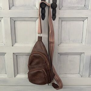 Brown Faux Leather Sling Crossbody Bag with Adjustable Strap
